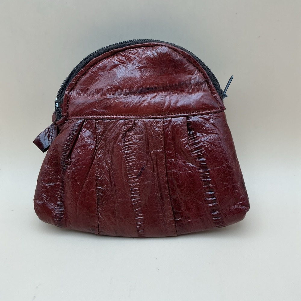 Vintage Burgundy‎ Eel Skin Coin Purse Zipper Pouch Mini Clutch Bag 5"x4.5"